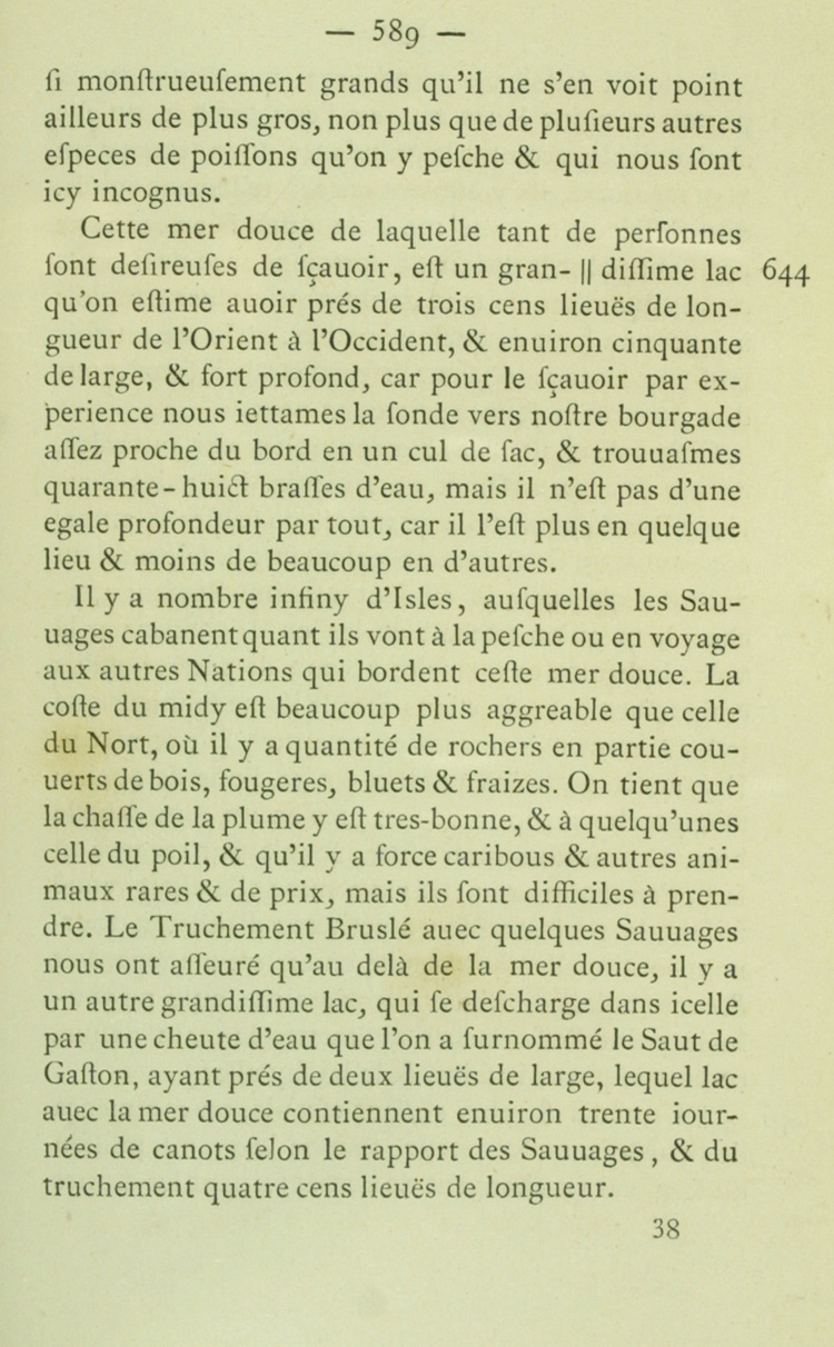 Reproduction de la cinq cent quatre-vingt-neuvi&egrave;me page du troisi&egrave;me volume de l’Histoire du Canada et voyages du p&egrave;re Gabriel Sagard d&eacute;crivant le Lac Sup&eacute;rieur en 1632, 1866.