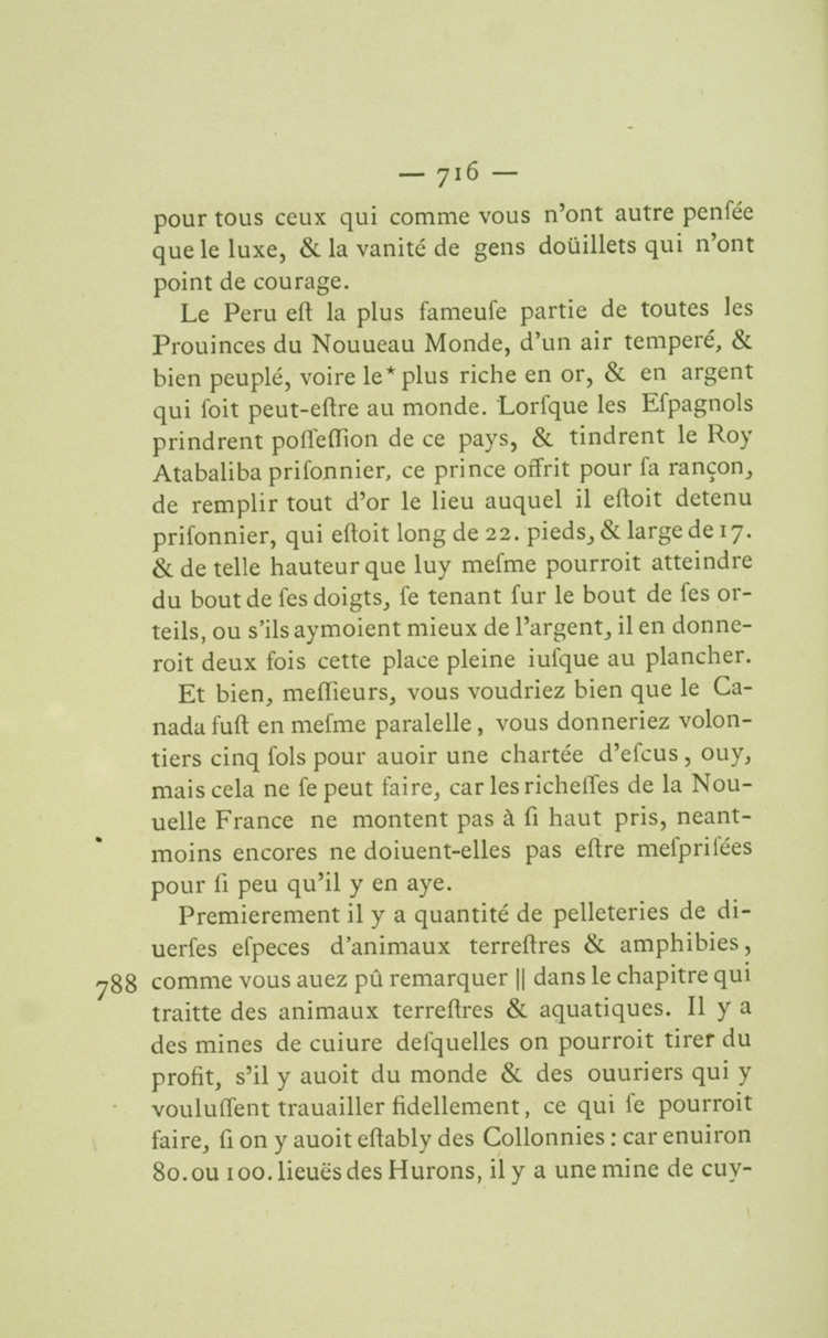 Reproduction de la sept cent seizi&egrave;me page du troisi&egrave;me volume de  l’Histoire du Canada et voyages du p&egrave;re Gabriel Sagard d&eacute;crivant les richesses du Lac Sup&eacute;rieur en 1632, 1866