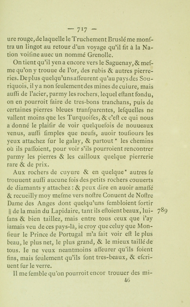 Reproduction de la sept cent dix-septi&egrave;me page du troisi&egrave;me volume de l’Histoire du Canada et voyages du p&egrave;re Gabriel Sagard d&eacute;crivant les richesses du Lac Sup&eacute;rieur en 1632, 1866.