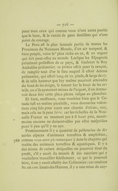 Reproduction de la sept cent seizi&egrave;me page du troisi&egrave;me volume de  l’Histoire du Canada et voyages du p&egrave;re Gabriel Sagard d&eacute;crivant les richesses du Lac Sup&eacute;rieur en 1632, 1866