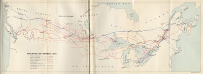 Reproduction du feuillet ins&eacute;r&eacute; entre la deux cent trente-huiti&egrave;me et la deux cent trente-neuvi&egrave;me page du trente-deuxi&egrave;me volume de Chronicles of Canada intitul&eacute; The Railway Builders. A Chronicle of Overland Highlands par Orcar D. Skelton, comprenant une carte montrant les r&eacute;seaux de chemins de fer du Canada en 1914, 1916.