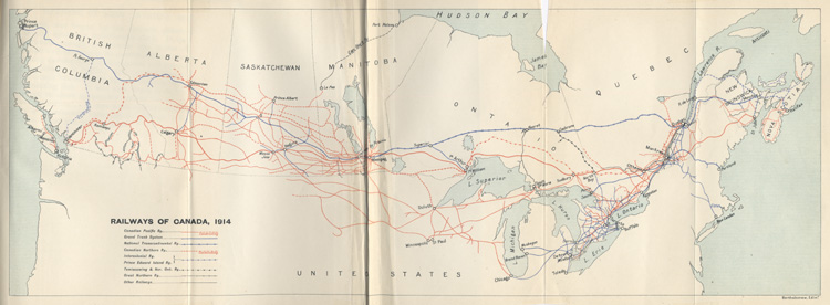 Reproduction du feuillet ins&eacute;r&eacute; entre la deux cent trente-huiti&egrave;me et la deux cent trente-neuvi&egrave;me page du trente-deuxi&egrave;me volume de Chronicles of Canada intitul&eacute; The Railway Builders. A Chronicle of Overland Highlands par Orcar D. Skelton, comprenant une carte montrant les r&eacute;seaux de chemins de fer du Canada en 1914, 1916.