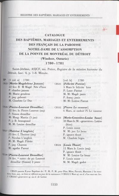 Reproduction de la mille cent cinquante-troisi&egrave;me page de Les &eacute;crits de Pierre Potier de Robert Toupin, comprenant le catalogue des bapt&ecirc;mes, mariages et enterrements des Fran&ccedil;ais de la paroisse Notre-Dame de l’Assomption de la Pointe de Montr&eacute;al du D&eacute;troit, 1780-1781, 1996.
