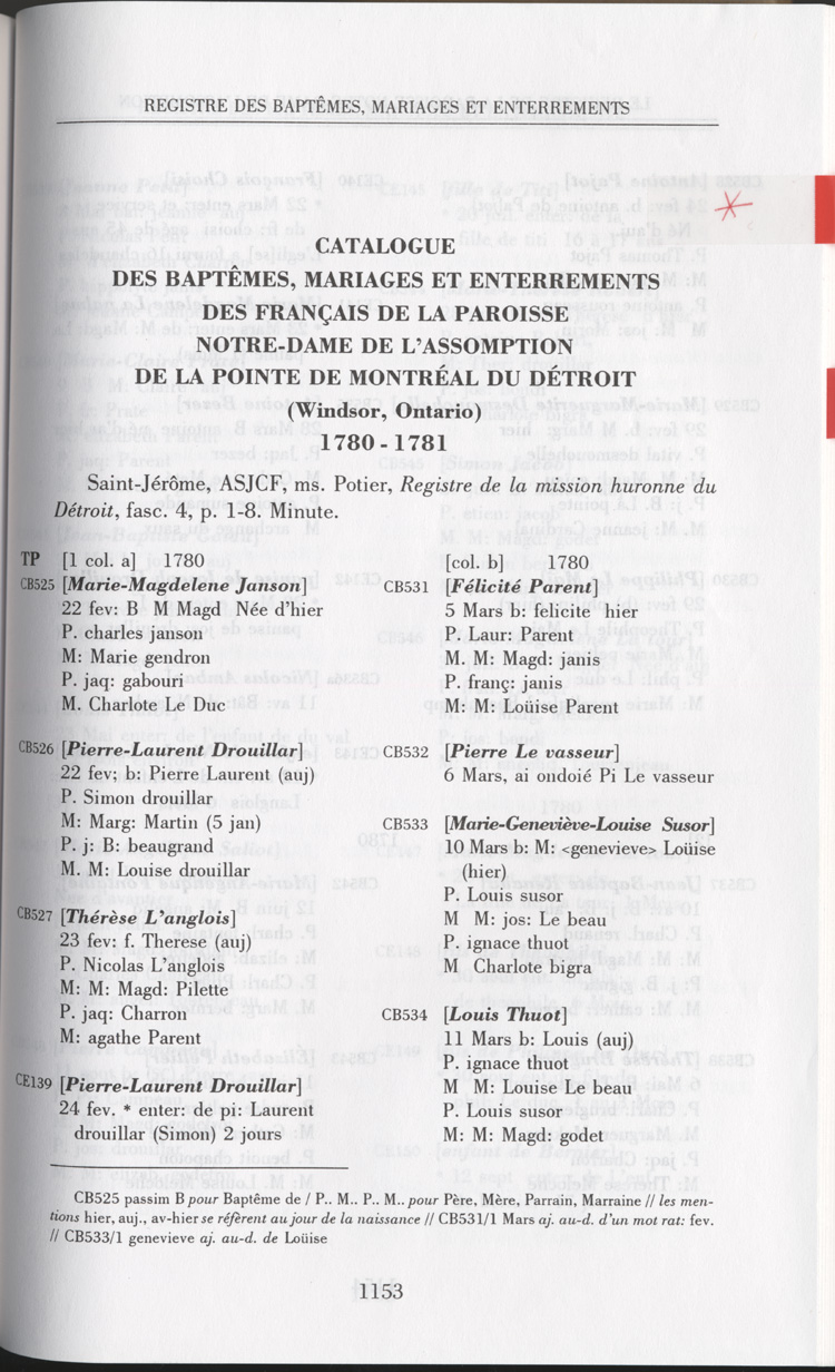 Reproduction de la mille cent cinquante-troisi&egrave;me page de Les &eacute;crits de Pierre Potier de Robert Toupin, comprenant le catalogue des bapt&ecirc;mes, mariages et enterrements des Fran&ccedil;ais de la paroisse Notre-Dame de l’Assomption de la Pointe de Montr&eacute;al du D&eacute;troit, 1780-1781, 1996.