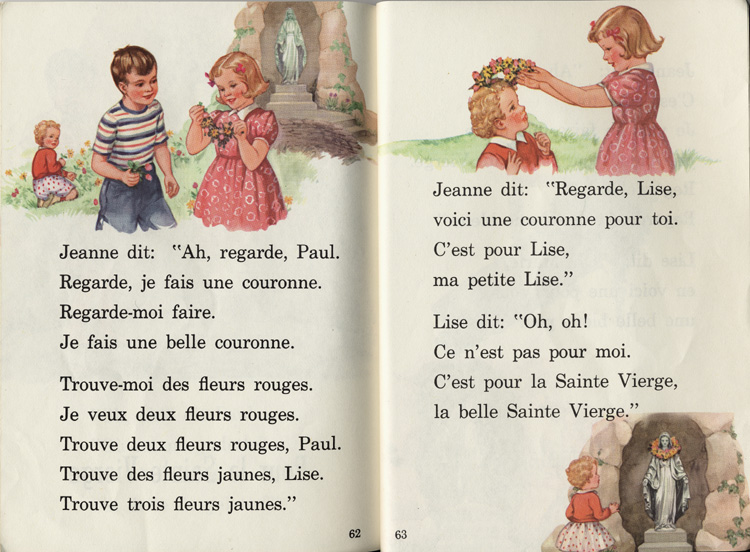 Reproduction de la soixante-deuxi&egrave;me et de la soixante-troisi&egrave;me page de Viens te promener, un manuel publi&eacute; dans la collection cath&eacute;drale par W. J. Gage limit&eacute;e, 1950.