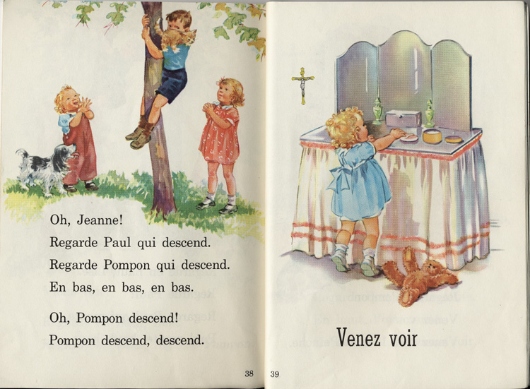 Reproduction de la trente-huiti&egrave;me et de la trente-neuvi&egrave;me page de Viens voir, un manuel publi&eacute; dans la collection cath&eacute;drale par W. J. Gage limit&eacute;e, 1950.
