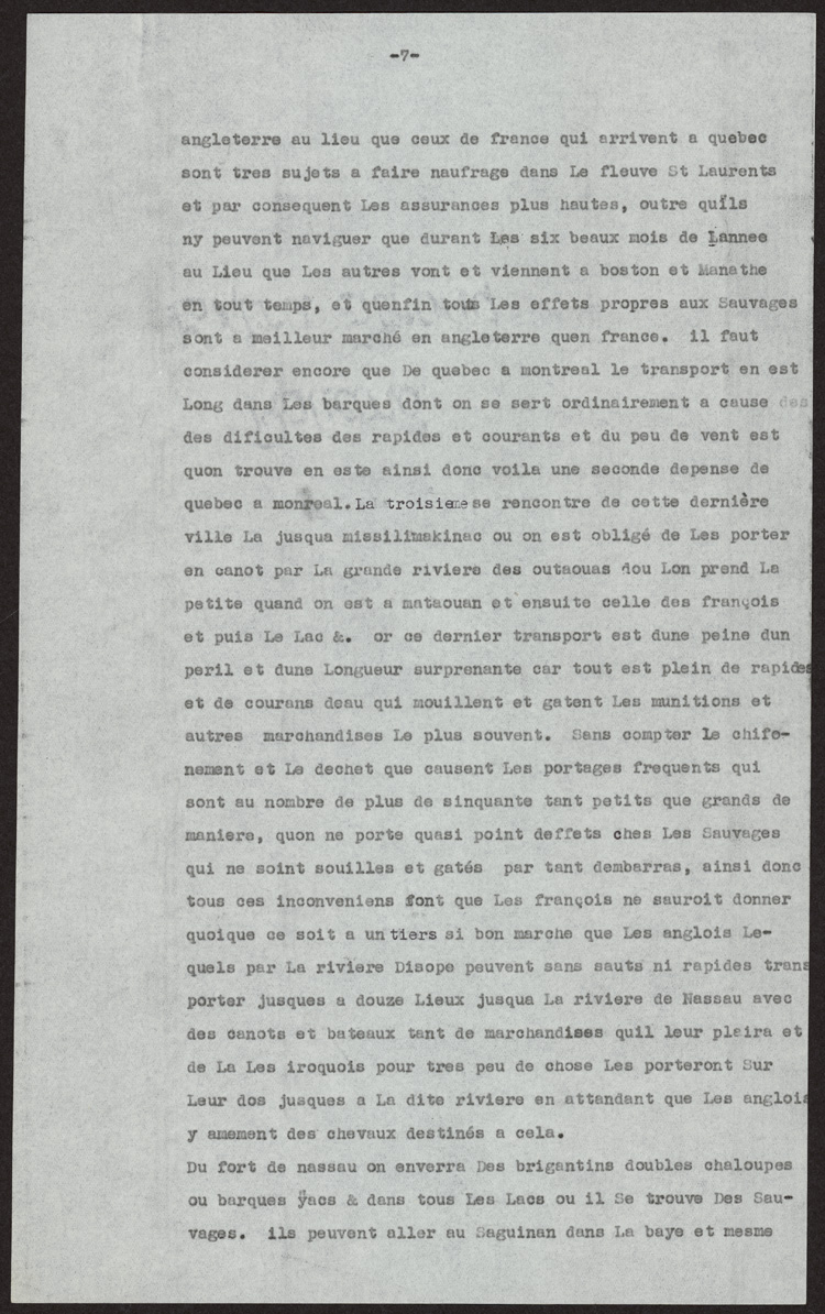 Reproduction de la septi&egrave;me page de la transcription dactylographi&eacute; d’un texte de Louis-Armand de Lom D’Arce, baron de Lahontan, intitul&eacute; Projet d’un fort anglais sur le lac &Eacute;ri&eacute;, 1696.