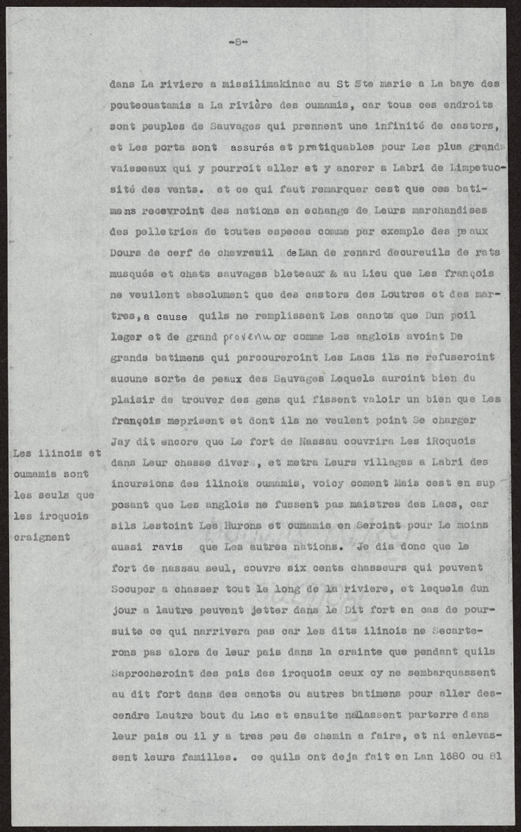 Reproduction de la huiti&egrave;me page de la transcription dactylographi&eacute; d’un texte de Louis-Armand de Lom D’Arce, baron de Lahontan, intitul&eacute; Projet d’un fort anglais sur le lac &Eacute;ri&eacute;, 1696.