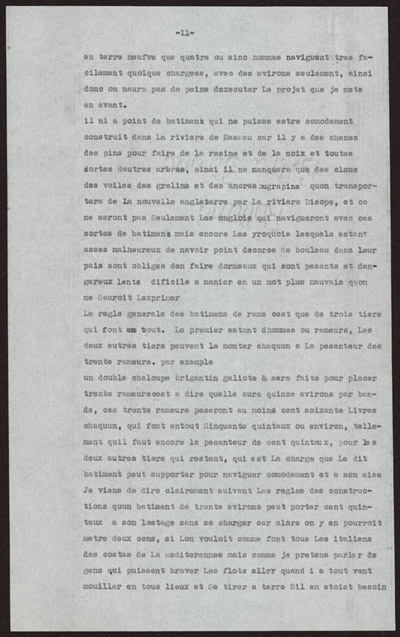 Reproduction de la onzi&egrave;me page d’un texte de Louis-Armand de Lom D’Arce, baron de Lahontan, intitul&eacute; Projet d’un fort anglais sur le lac &Eacute;ri&eacute;, 1696.