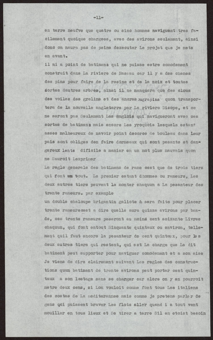Reproduction de la onzi&egrave;me page d’un texte de Louis-Armand de Lom D’Arce, baron de Lahontan, intitul&eacute; Projet d’un fort anglais sur le lac &Eacute;ri&eacute;, 1696.