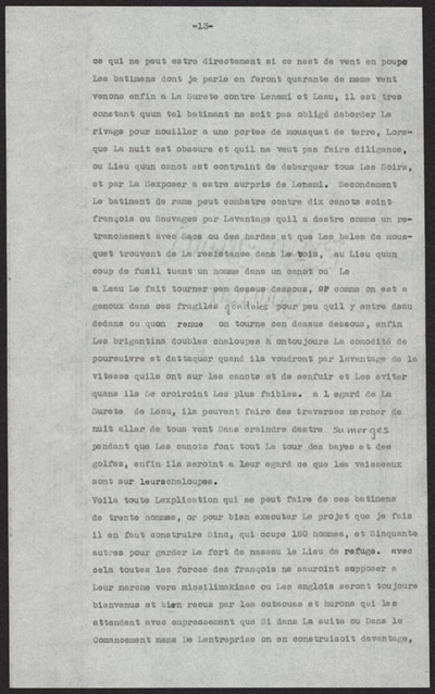 Reproduction de la treizi&egrave;me page d’un texte de Louis-Armand de Lom D’Arce, baron de Lahontan, intitul&eacute; Projet d’un fort anglais sur le lac &Eacute;ri&eacute;, 1696.