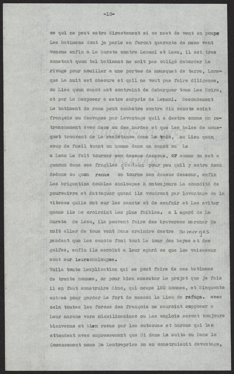 Reproduction de la treizi&egrave;me page d’un texte de Louis-Armand de Lom D’Arce, baron de Lahontan, intitul&eacute; Projet d’un fort anglais sur le lac &Eacute;ri&eacute;, 1696.