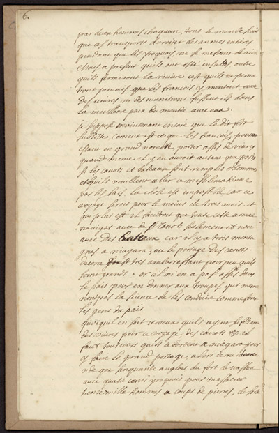 Reproduction de la sixi&egrave;me page de la transcription dactylographi&eacute; d’un texte de Louis-Armand de Lom D’Arce, baron de Lahontan, intitul&eacute; Projet d’un fort anglais sur le lac &Eacute;ri&eacute;, 1696.