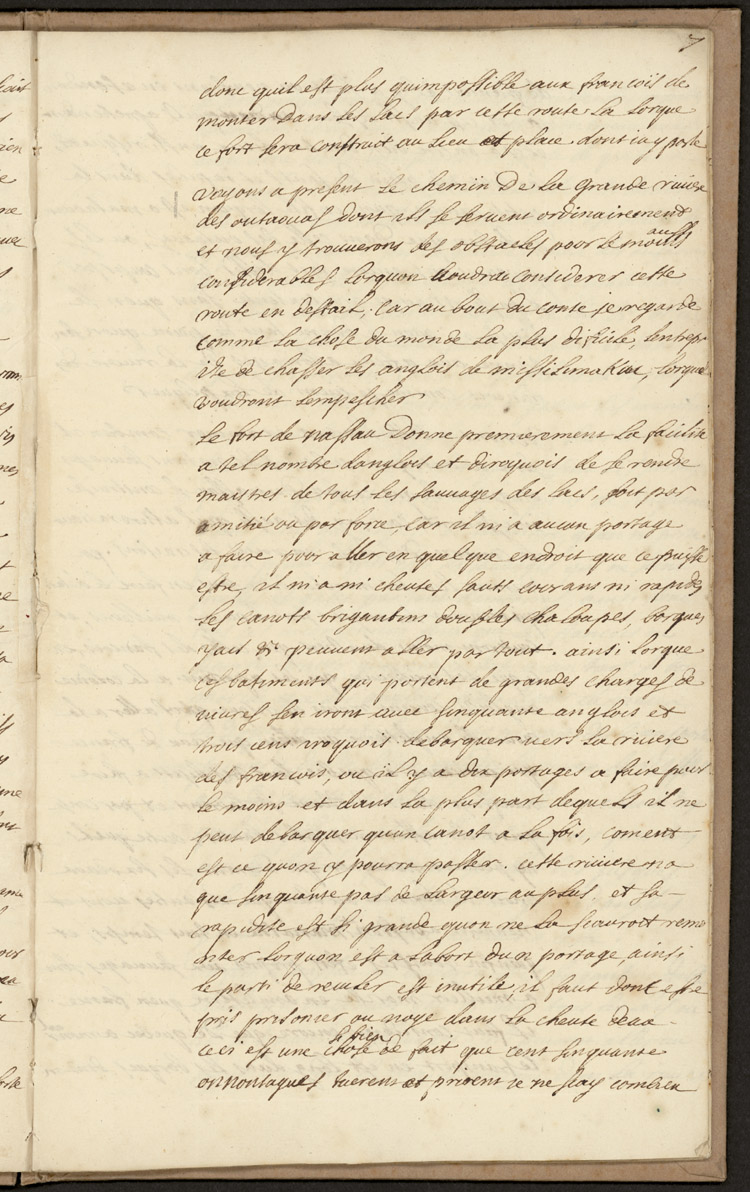 Reproduction de la septi&egrave;me page d’un texte de Louis-Armand de Lom D’Arce, baron de Lahontan, intitul&eacute; Projet d’un fort anglais sur le lac &Eacute;ri&eacute;, 1696.