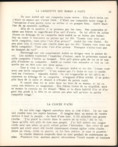 Reproduction de la vingt et uni&egrave;me page du manuel Recueil d’historiettes, 3e et 4e cours, par les &eacute;l&egrave;ves de l’&Eacute;cole normale de l’Universit&eacute; d’Ottawa, 1933-1934.