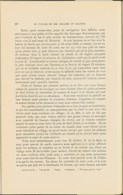 Reproduction de la vingti&egrave;me page du Voyage de M.M. Dollier de Casson et de Galin&eacute;e, 1669-1670, par Fran&ccedil;ois Dollier de Casson et Ren&eacute; de Br&eacute;hant de Galin&eacute;e, faisant &eacute;tat des relev&eacute;s g&eacute;ographiques pr&eacute;cis qu’ils ont pris en 1669, 1903.