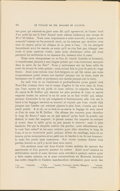 Reproduction de la soixante-quatri&egrave;me page du Voyage de M.M. Dollier de Casson et de Galin&eacute;e, 1669-1670, par Fran&ccedil;ois Dollier de Casson et Ren&eacute; de Br&eacute;hant de Galin&eacute;e, relatant leur voyage de retour &agrave; Montr&eacute;al en 1670, 1903.