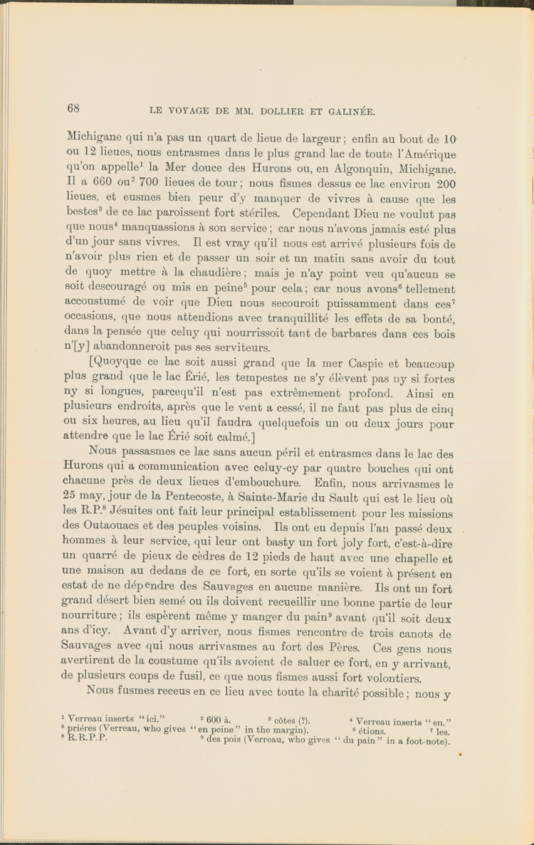 Reproduction de la soixante-huiti&egrave;me page du Voyage de M.M. Dollier de Casson et de Galin&eacute;e, 1669-1670, par Fran&ccedil;ois Dollier de Casson et Ren&eacute; de Br&eacute;hant de Galin&eacute;e, relatant leur voyage de retour &agrave; Montr&eacute;al en 1670, 1903.