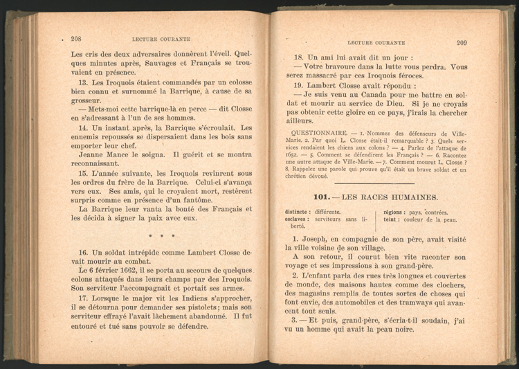 Reproduction de la deux cent huiti&egrave;me et de la deux cent neuvi&egrave;me page du manuel Lecture courante : cours &eacute;l&eacute;mentaire des Fr&egrave;res de l’instruction chr&eacute;tienne, 1915.