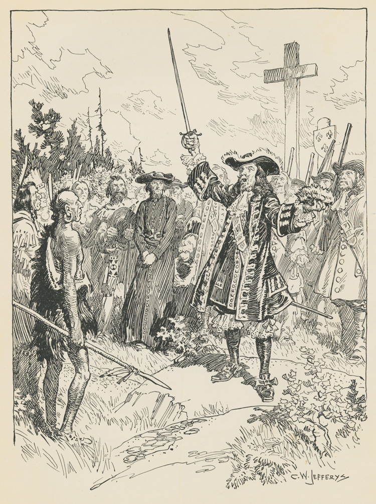 Reproduction de la cinquante-deuxi&egrave;me page de Canada’s Past in Pictures de Charles W. Jefferys, comprenant une illustration de Simon-Fran&ccedil;ois Daumont de Saint-Lusson prenant possession du Pays d’en haut au nom du roi de France, &agrave; Sault-Sainte-Marie, le 14 juin 1671, 1934.
