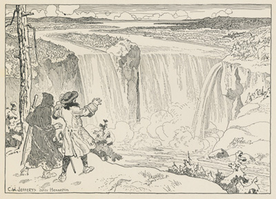 Reproduction de la soixante et uni&egrave;me page de Canada’s Past in Pictures de Charles W. Jefferys, comprenant une illustration du p&egrave;re r&eacute;collet Louis Hennepin et d’un compagnon aux chutes Niagara en 1678, 1934.
