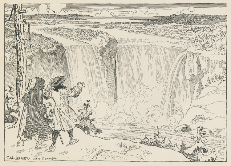 Reproduction de la soixante et uni&egrave;me page de Canada’s Past in Pictures de Charles W. Jefferys, comprenant une illustration du p&egrave;re r&eacute;collet Louis Hennepin et d’un compagnon aux chutes Niagara en 1678, 1934.