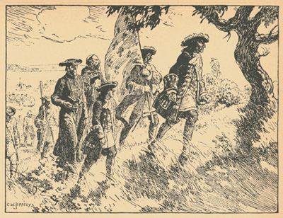 Reproduction de la deux centi&egrave;me page du premier tome de The Picture Gallery of Canadian History de Charles W. Jefferys, comprenant une illustration de Antoine Laumet de Lamothe-Cadillac arrivant &agrave; D&eacute;troit, 1942.