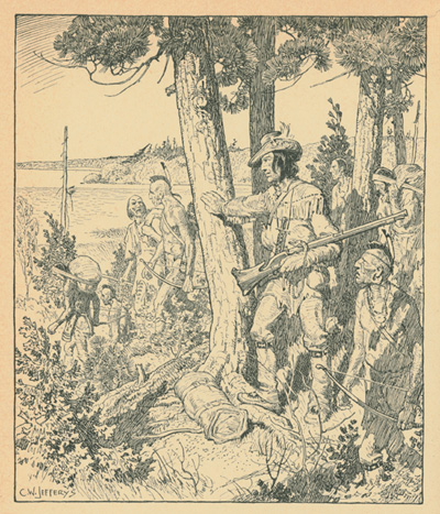 Reproduction de la quatre-vingt-quatorzi&egrave;me page du premier tome de The Picture Gallery of Canadian History de Charles W. Jefferys comprenant une illustration d’&Eacute;tienne Br&ucirc;l&eacute; &agrave; l’embouchure de la rivi&egrave;re Humber, lieu de l’actuelle ville de Toronto, Ontario, en 1615, 1942. 