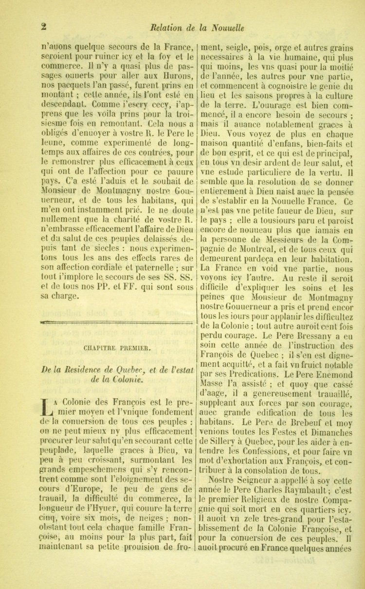 Reproduction de la deuxi&egrave;me page de la relation de 1643 par le P&egrave;re Barth&eacute;lemy Vimont, deuxi&egrave;me volume des Relations des J&eacute;suites, comprenant le r&eacute;cit de la vie de Jean Nicollet, 1858.