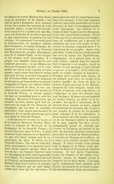 Reproduction de la troisi&egrave;me page de la relation de 1643 par le P&egrave;re Barth&eacute;lemy Vimont, deuxi&egrave;me volume des Relations des J&eacute;suites, comprenant le r&eacute;cit de la vie de Jean Nicollet, 1858.