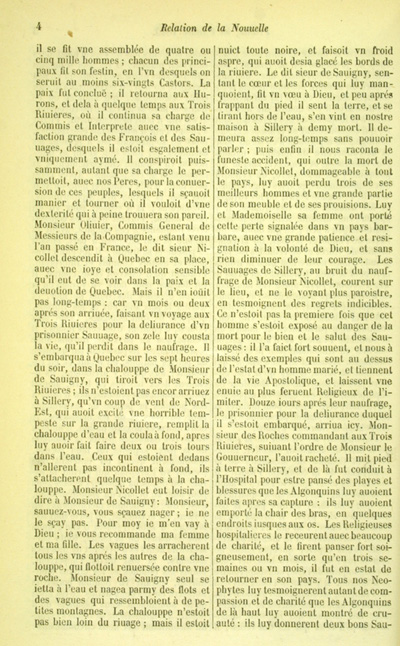 Reproduction de la quatri&egrave;me page de la relation de 1643 par le P&egrave;re Barth&eacute;lemy Vimont, deuxi&egrave;me volume des Relations des J&eacute;suites, comprenant le r&eacute;cit de la vie de Jean Nicollet, 1858.