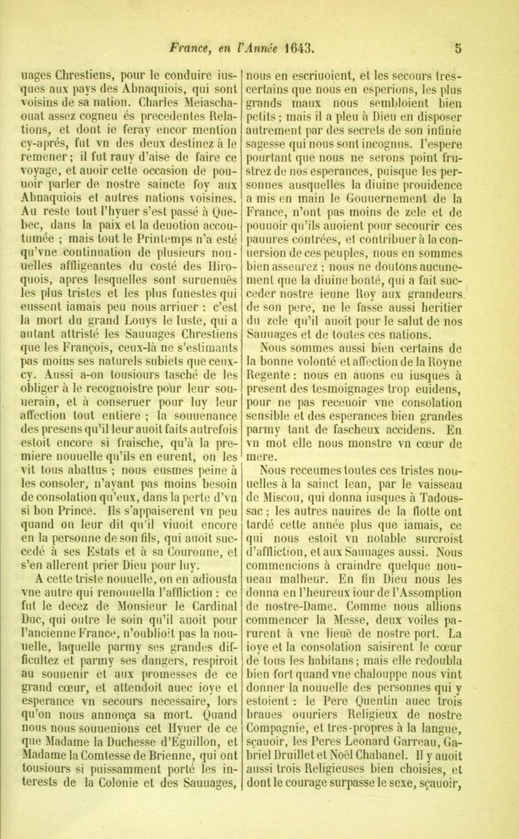 Reproduction de la cinqui&egrave;me page de la relation de 1643 par le P&egrave;re Barth&eacute;lemy Vimont, deuxi&egrave;me volume des Relations des J&eacute;suites, comprenant le r&eacute;cit de la vie de Jean Nicollet, 1858.