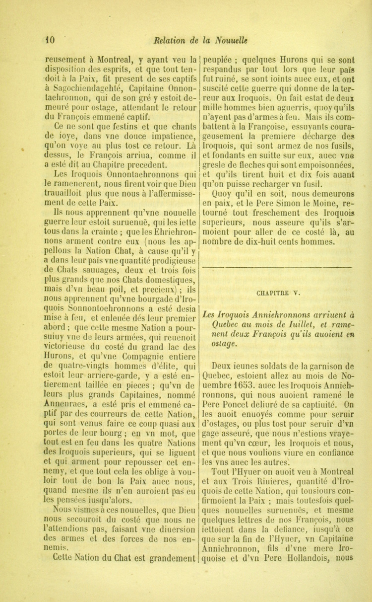 Reproduction de la dixi&egrave;me page de la relation de 1654 par le p&egrave;re Fran&ccedil;ois Le Mercier, deuxi&egrave;me volume des Relations des J&eacute;suites relatant l’arriv&eacute;e &agrave; Montr&eacute;al d’une flotte de canots d’alli&eacute;s autochtones en provenance de la r&eacute;gion des Grands Lacs, 1858.