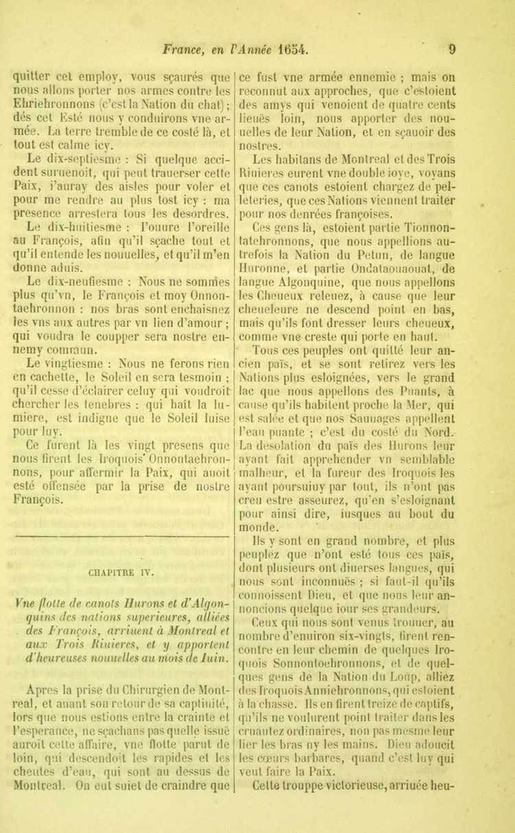 Reproduction de la neuvi&egrave;me page de la relation de 1654 par le p&egrave;re Fran&ccedil;ois Le Mercier, deuxi&egrave;me volume des Relations des J&eacute;suites relatant l’arriv&eacute;e &agrave; Montr&eacute;al d’une flotte de canots d’alli&eacute;s autochtones en provenance de la r&eacute;gion des Grands Lacs, 1858.