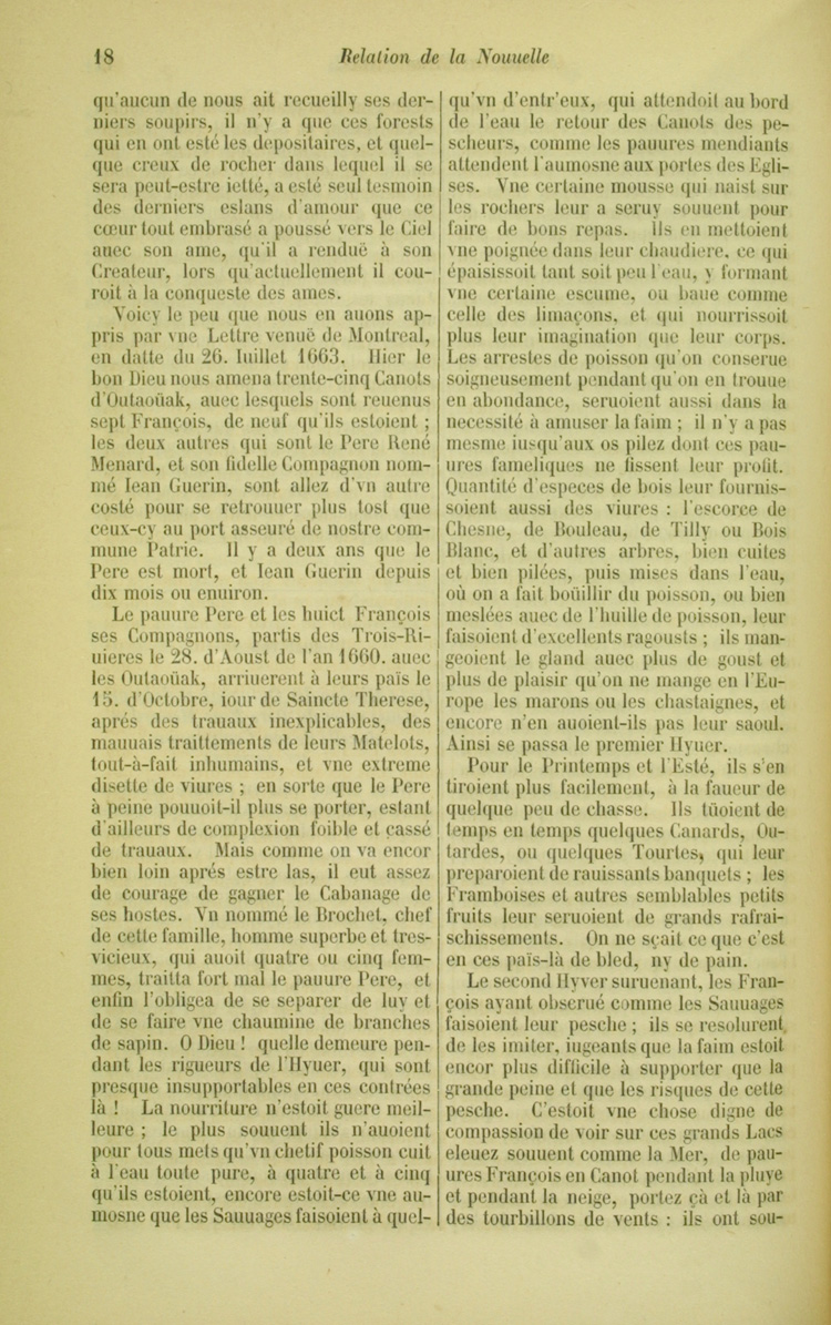 Reproduction de la dix-huiti&egrave;me page de la relation 1663 par le p&egrave;re J&eacute;r&ocirc;me Lalemant, troisi&egrave;me volume des Relations des J&eacute;suites relatant l’exp&eacute;dition et la disparition du p&egrave;re Ren&eacute; M&eacute;nard, 1660-1661, 1858.