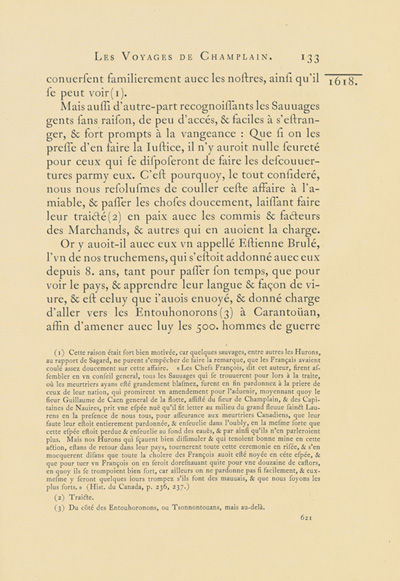Reproduction de la six cent vingt et uni&egrave;me page du premier tome de la deuxi&egrave;me &eacute;dition critique de Charles-Honor&eacute; Laverdi&egrave;re des Oeuvres de Champlain relatant l’exp&eacute;dition de 1615-1616 d’&Eacute;tienne Br&ucirc;l&eacute; en territoire am&eacute;ricain, 1870.