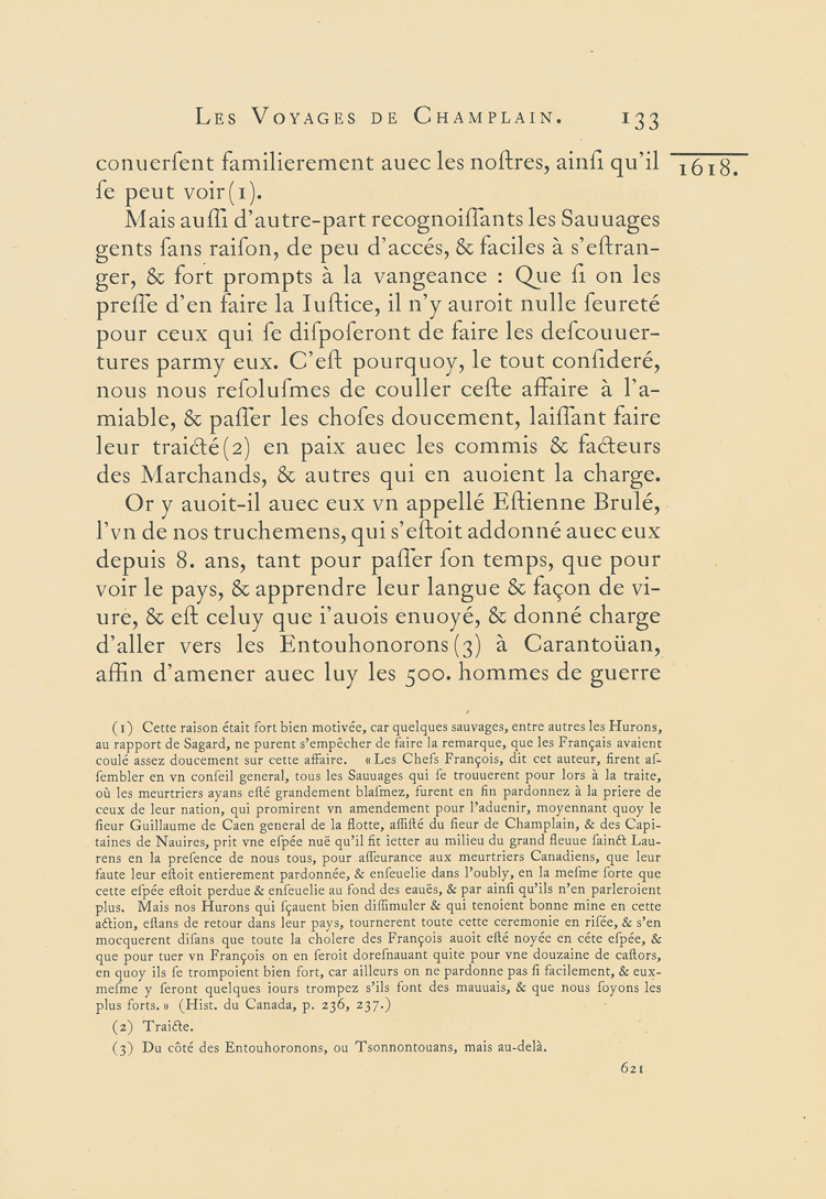 Reproduction de la six cent vingt et uni&egrave;me page du premier tome de la deuxi&egrave;me &eacute;dition critique de Charles-Honor&eacute; Laverdi&egrave;re des Oeuvres de Champlain relatant l’exp&eacute;dition de 1615-1616 d’&Eacute;tienne Br&ucirc;l&eacute; en territoire am&eacute;ricain, 1870.