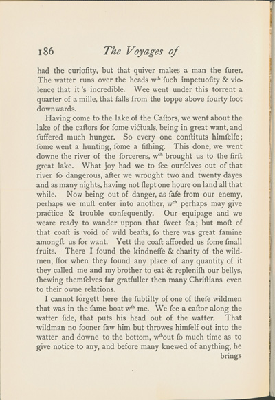 Reproduction de la cent-quatre-vingt-sixi&egrave;me page du Voyages of Peter Esprit Radisson, being an account of his travels and experiences among the North American Indians, from 1652 to 1684, transcription par Gideon D. Scull du manuscrit original anglais conserv&eacute; &agrave; Londres, relatant le voyage du lac Nipissing jusqu’&agrave; Sault-Sainte-Marie de M&eacute;dard Chouart Des Groseilliers et de Pierre-Esprit Radisson en 1659, 1943. 
