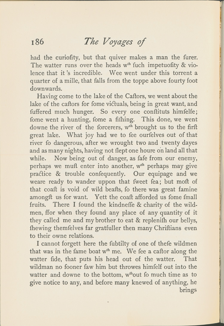 Reproduction de la cent-quatre-vingt-sixi&egrave;me page du Voyages of Peter Esprit Radisson, being an account of his travels and experiences among the North American Indians, from 1652 to 1684, transcription par Gideon D. Scull du manuscrit original anglais conserv&eacute; &agrave; Londres, relatant le voyage du lac Nipissing jusqu’&agrave; Sault-Sainte-Marie de M&eacute;dard Chouart Des Groseilliers et de Pierre-Esprit Radisson en 1659, 1943. 