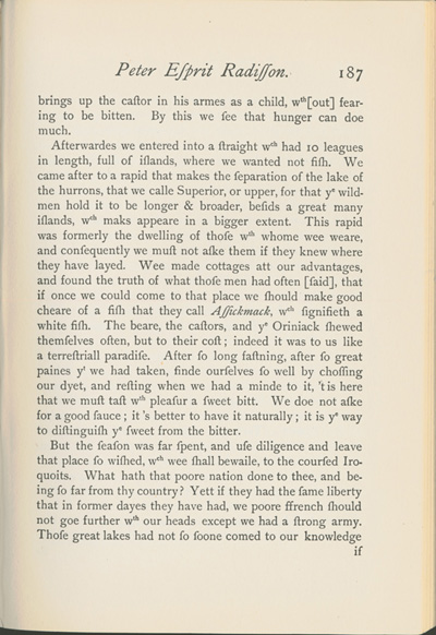 Reproduction de la cent-quatre-vingt-septi&egrave;me page du Voyages of Peter Esprit Radisson, being an account of his travels and experiences among the North American Indians, from 1652 to 1684, transcription par Gideon D. Scull du manuscrit original anglais conserv&eacute; &agrave; Londres, relatant le voyage du lac Nipissing jusqu’&agrave; Sault-Sainte-Marie de M&eacute;dard Chouart Des Groseilliers et de Pierre-Esprit Radisson en 1659, 1943. 