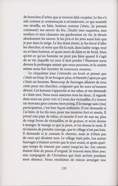 Reproduction de la deux-cent-trente-troisi&egrave;me page de Les aventures extraordinaires d’un coureur des bois. R&eacute;cits de voyage au pays des Indiens d’Am&eacute;rique, par Pierre-Esprit Radisson, traduit de l’anglais et annot&eacute; par Berthe Fouchier-Axelsen, relatant la travers&eacute;e du lac Sup&eacute;rieur de M&eacute;dard Chouart Des Groseilliers et de Pierre-Esprit Radisson en 1660, 1999. 