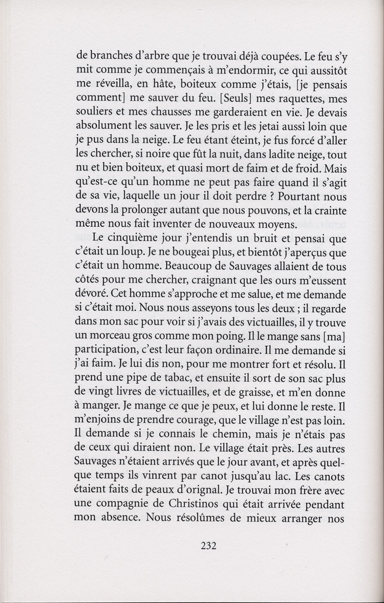 Reproduction de la deux-cent-trente-troisi&egrave;me page de Les aventures extraordinaires d’un coureur des bois. R&eacute;cits de voyage au pays des Indiens d’Am&eacute;rique, par Pierre-Esprit Radisson, traduit de l’anglais et annot&eacute; par Berthe Fouchier-Axelsen, relatant la travers&eacute;e du lac Sup&eacute;rieur de M&eacute;dard Chouart Des Groseilliers et de Pierre-Esprit Radisson en 1660, 1999. 