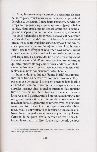Reproduction de la deux-cent-quarante et uni&egrave;me page de Les aventures extraordinaires d’un coureur des bois. R&eacute;cits de voyage au pays des Indiens d’Am&eacute;rique, par Pierre-Esprit Radisson, traduit de l’anglais et annot&eacute; par Berthe Fouchier-Axelsen, , relatant le voyage de retour &agrave; Montr&eacute;al de M&eacute;dard Chouart Des Groseilliers et de Pierre-Esprit Radisson ainsi que la bataille du Long-Sault en 1660, 1999.