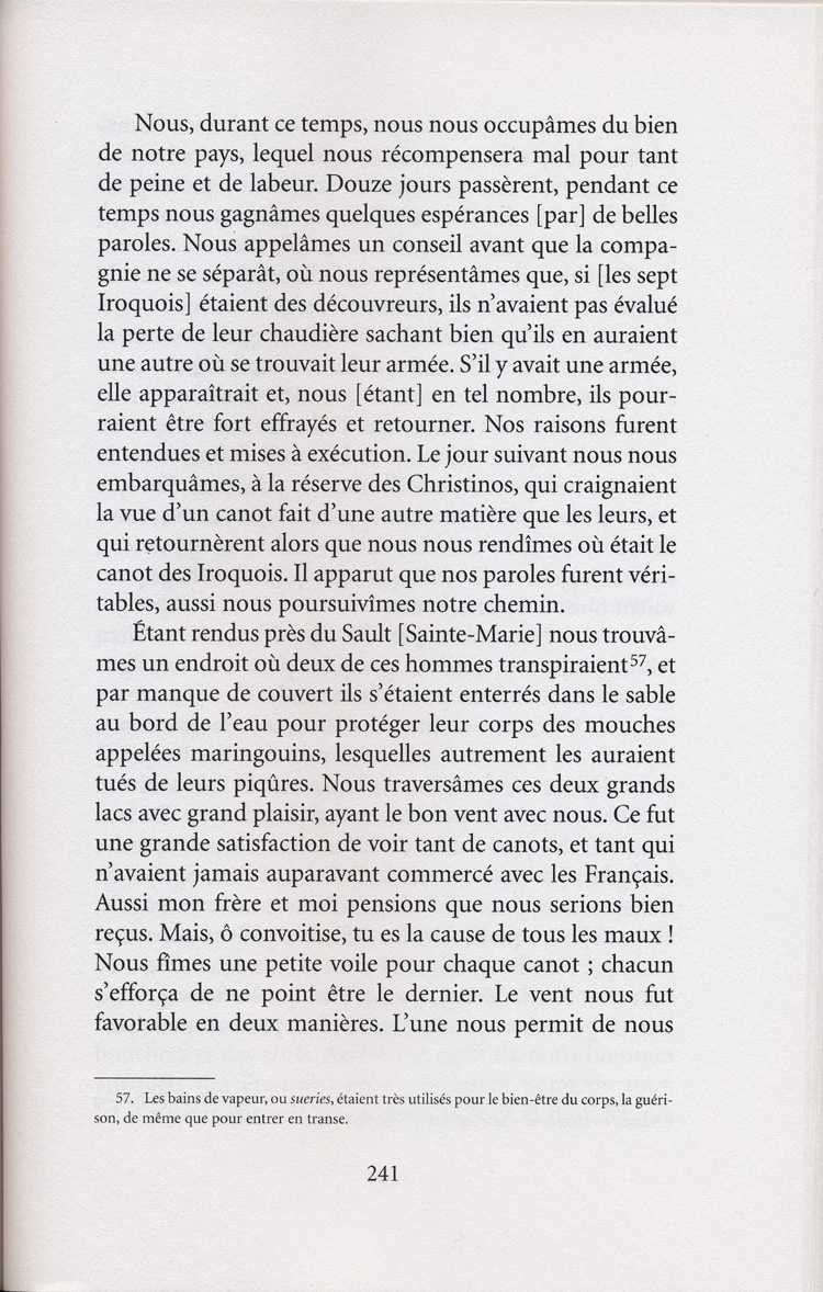Reproduction de la deux-cent-quarante et uni&egrave;me page de Les aventures extraordinaires d’un coureur des bois. R&eacute;cits de voyage au pays des Indiens d’Am&eacute;rique, par Pierre-Esprit Radisson, traduit de l’anglais et annot&eacute; par Berthe Fouchier-Axelsen, , relatant le voyage de retour &agrave; Montr&eacute;al de M&eacute;dard Chouart Des Groseilliers et de Pierre-Esprit Radisson ainsi que la bataille du Long-Sault en 1660, 1999.