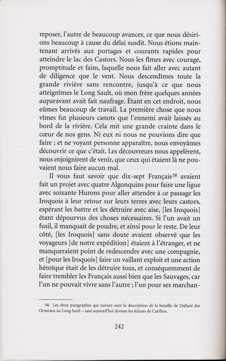 Reproduction de la deux-cent-quarante-deuxi&egrave;me page de Les aventures extraordinaires d’un coureur des bois. R&eacute;cits de voyage au pays des Indiens d’Am&eacute;rique, par Pierre-Esprit Radisson, traduit de l’anglais et annot&eacute; par Berthe Fouchier-Axelsen, , relatant le voyage de retour &agrave; Montr&eacute;al de M&eacute;dard Chouart Des Groseilliers et de Pierre-Esprit Radisson ainsi que la bataille du Long-Sault en 1660, 1999.