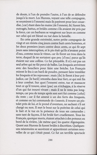 Reproduction de la deux-cent-quarante-quatri&egrave;me page de Les aventures extraordinaires d’un coureur des bois. R&eacute;cits de voyage au pays des Indiens d’Am&eacute;rique, par Pierre-Esprit Radisson, traduit de l’anglais et annot&eacute; par Berthe Fouchier-Axelsen, , relatant le voyage de retour &agrave; Montr&eacute;al de M&eacute;dard Chouart Des Groseilliers et de Pierre-Esprit Radisson ainsi que la bataille du Long-Sault en 1660, 1999.