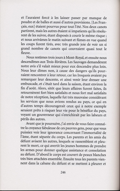 Reproduction de la deux-cent-quarante-sixi&egrave;me page de Les aventures extraordinaires d’un coureur des bois. R&eacute;cits de voyage au pays des Indiens d’Am&eacute;rique, par Pierre-Esprit Radisson, traduit de l’anglais et annot&eacute; par Berthe Fouchier-Axelsen, , relatant le voyage de retour &agrave; Montr&eacute;al de M&eacute;dard Chouart Des Groseilliers et de Pierre-Esprit Radisson ainsi que la bataille du Long-Sault en 1660, 1999.