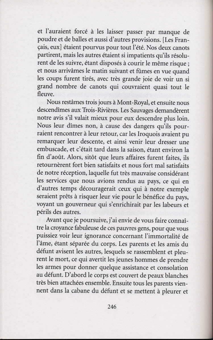 Reproduction de la deux-cent-quarante-sixi&egrave;me page de Les aventures extraordinaires d’un coureur des bois. R&eacute;cits de voyage au pays des Indiens d’Am&eacute;rique, par Pierre-Esprit Radisson, traduit de l’anglais et annot&eacute; par Berthe Fouchier-Axelsen, , relatant le voyage de retour &agrave; Montr&eacute;al de M&eacute;dard Chouart Des Groseilliers et de Pierre-Esprit Radisson ainsi que la bataille du Long-Sault en 1660, 1999.