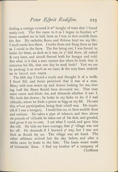 Reproduction de la deux-cent-vingt-troisi&egrave;me page du Voyages of Peter Esprit Radisson, being an account of his travels and experiences among the North American Indians, from 1652 to 1684, transcription par Gideon D. Scull du manuscrit original anglais conserv&eacute; &agrave; Londres, relatant la travers&eacute;e du lac Sup&eacute;rieur de M&eacute;dard Chouart Des Groseilliers et de Pierre-Esprit Radisson en 1660, 1943