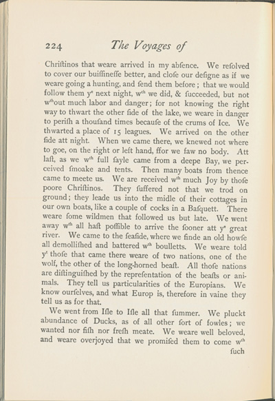 Reproduction de la deux-cent-vingt-quatri&egrave;me page du Voyages of Peter Esprit Radisson, being an account of his travels and experiences among the North American Indians, from 1652 to 1684, transcription par Gideon D. Scull du manuscrit original anglais conserv&eacute; &agrave; Londres, relatant la travers&eacute;e du lac Sup&eacute;rieur de M&eacute;dard Chouart Des Groseilliers et de Pierre-Esprit Radisson en 1660, 1943. 	